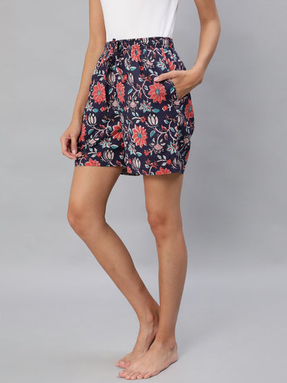 Women Blue Floral Printd Shorts With Pocket | LASVINI - Redefining Indian Fashion with Elegance
