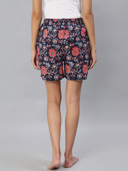 Women Blue Floral Printd Shorts With Pocket | LASVINI - Redefining Indian Fashion with Elegance