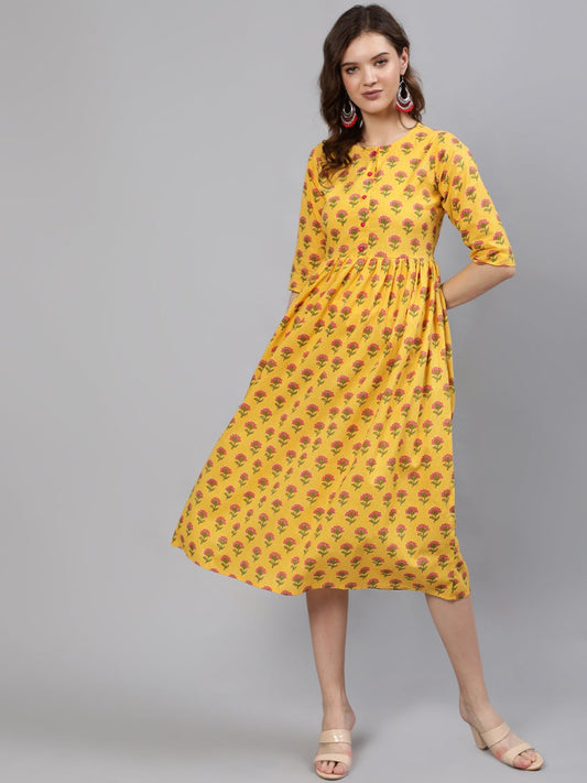 Women Yellow And Pink Ethnic Printed Midi Dress | LASVINI - Redefining Indian Fashion with Elegance
