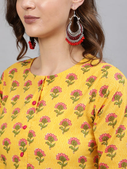 Women Yellow And Pink Ethnic Printed Midi Dress | LASVINI - Redefining Indian Fashion with Elegance