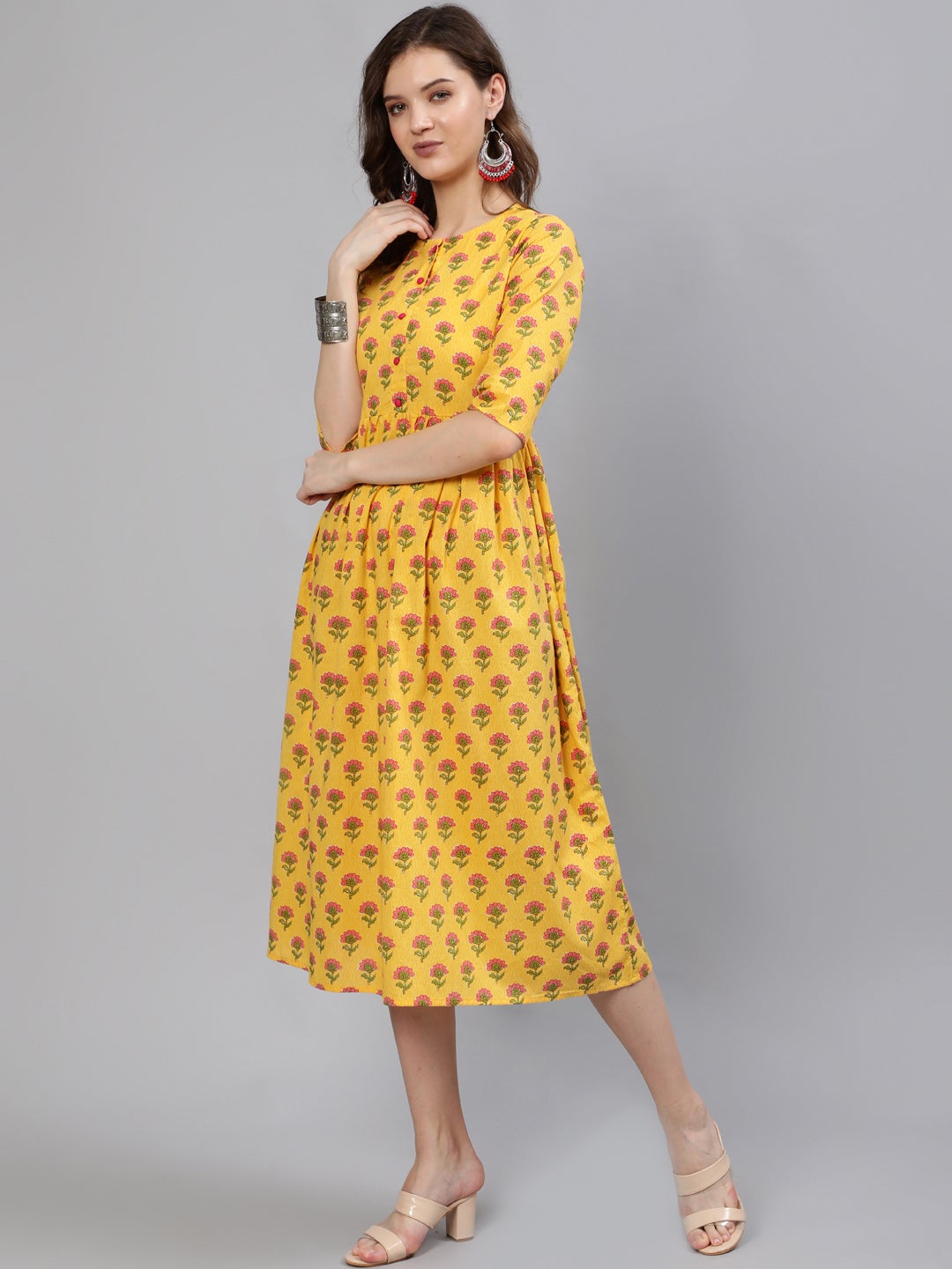 Women Yellow And Pink Ethnic Printed Midi Dress | LASVINI - Redefining Indian Fashion with Elegance