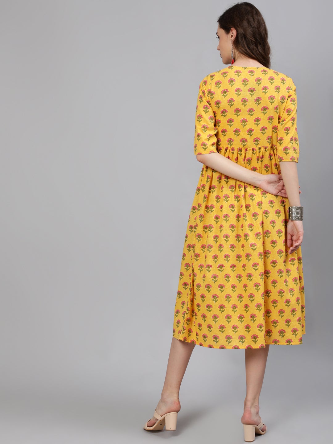 Women Yellow And Pink Ethnic Printed Midi Dress | LASVINI - Redefining Indian Fashion with Elegance