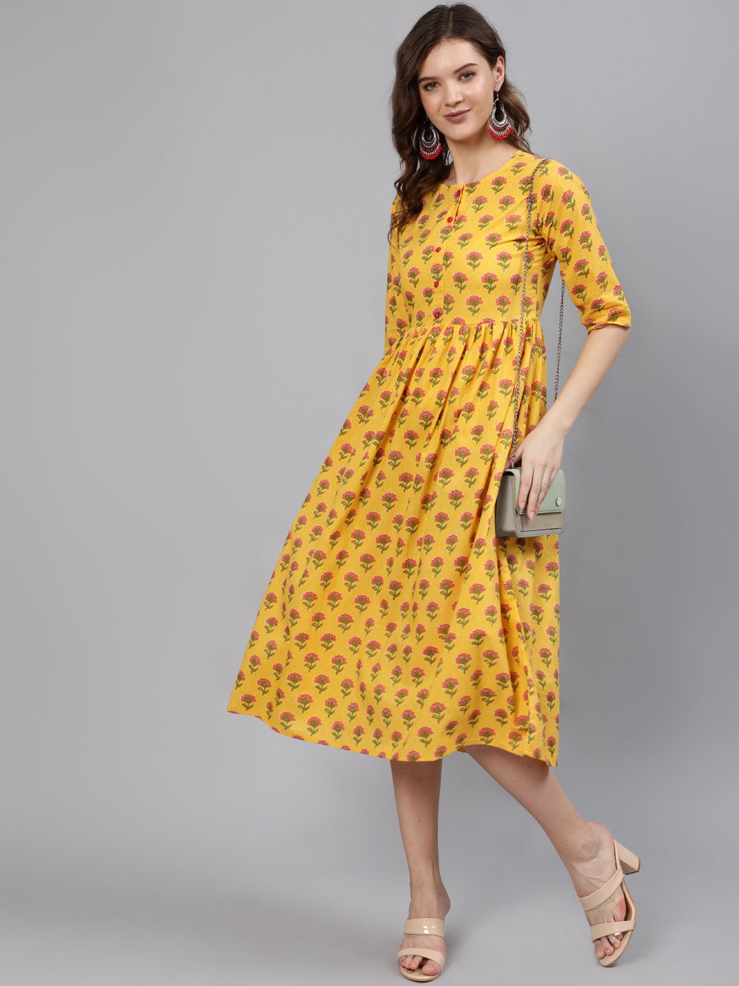 Women Yellow And Pink Ethnic Printed Midi Dress | LASVINI - Redefining Indian Fashion with Elegance