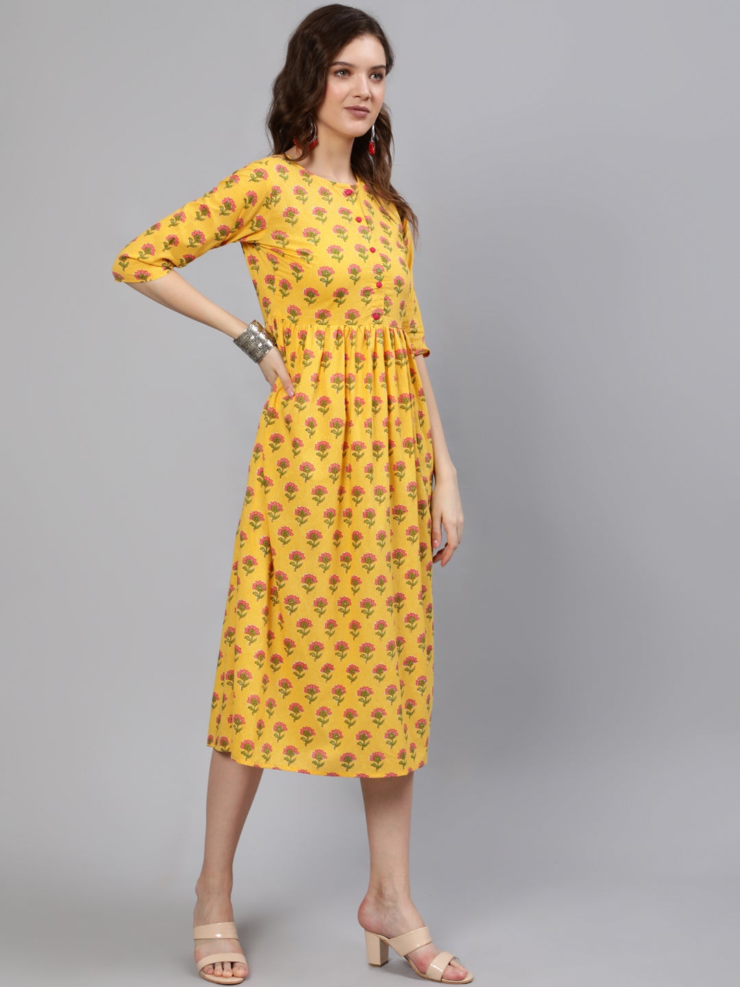 Women Yellow And Pink Ethnic Printed Midi Dress | LASVINI - Redefining Indian Fashion with Elegance