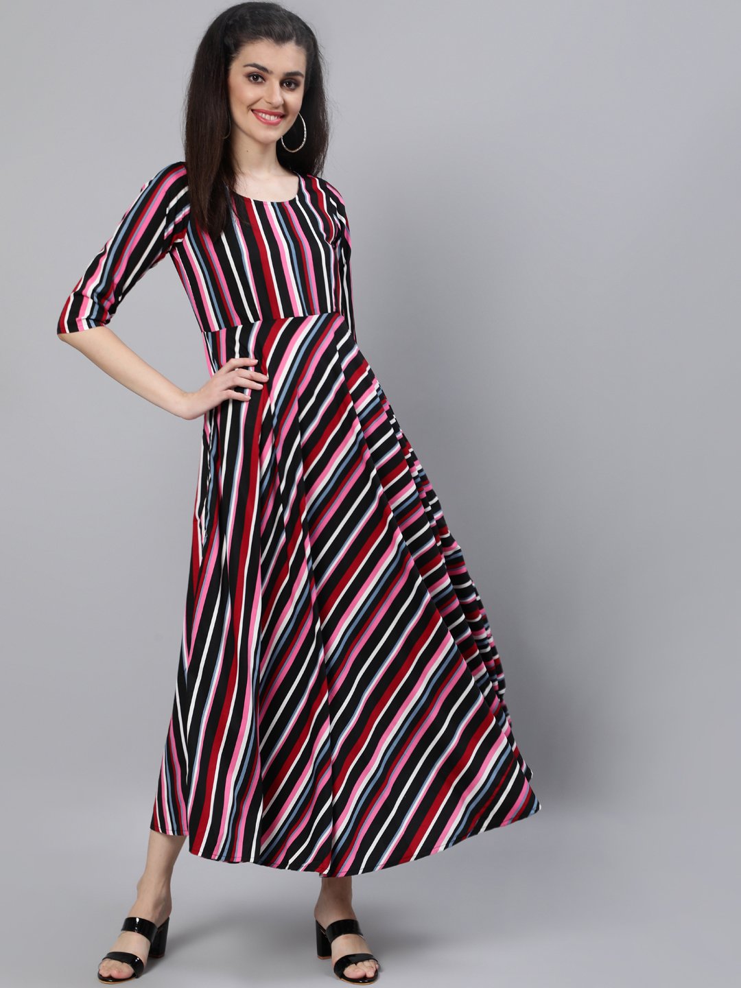 Women Black Striped Dress With Three Quarter Sleeves | LASVINI - Redefining Indian Fashion with Elegance