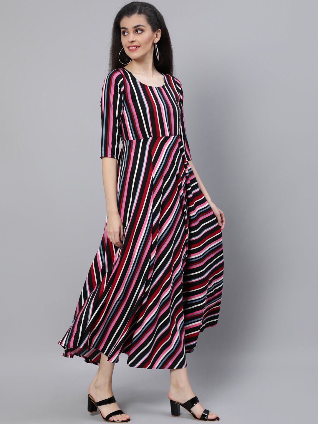 Women Black Striped Dress With Three Quarter Sleeves | LASVINI - Redefining Indian Fashion with Elegance