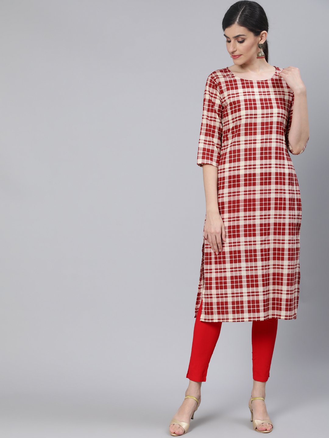 Women Cream & Red Checked Straight Kurta With Three Quarter Sleeves | LASVINI - Redefining Indian Fashion with Elegance