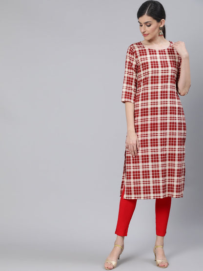 Women Cream & Red Checked Straight Kurta With Three Quarter Sleeves | LASVINI - Redefining Indian Fashion with Elegance