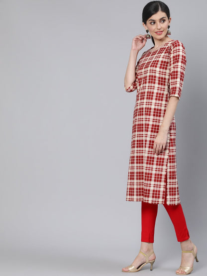 Women Cream & Red Checked Straight Kurta With Three Quarter Sleeves | LASVINI - Redefining Indian Fashion with Elegance