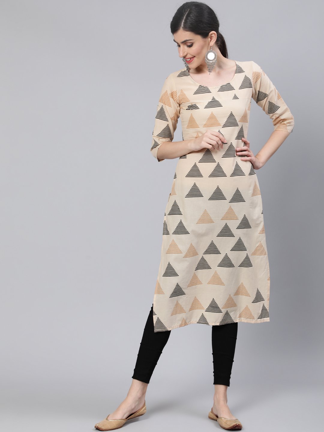 Women Beige Printed Straight Kurta With Three Quarter Sleeves | LASVINI - Redefining Indian Fashion with Elegance