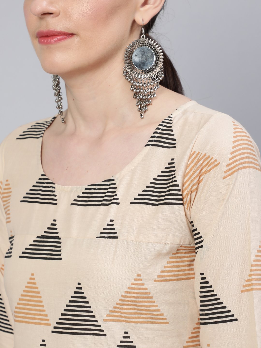 Women Beige Printed Straight Kurta With Three Quarter Sleeves | LASVINI - Redefining Indian Fashion with Elegance