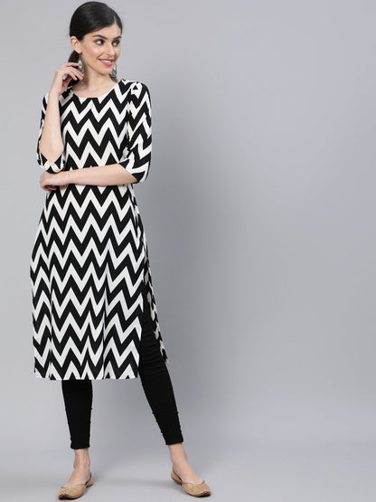 Women Black & White Zig-Zac  Straight Kurta With Three Quarter Sleeves | LASVINI - Redefining Indian Fashion with Elegance