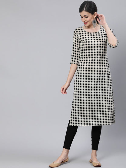 Women Black & White Checked  Straight Kurta With Three Quarter Sleeves | LASVINI - Redefining Indian Fashion with Elegance