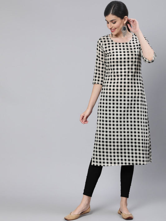 Women Black & White Checked  Straight Kurta With Three Quarter Sleeves | LASVINI - Redefining Indian Fashion with Elegance