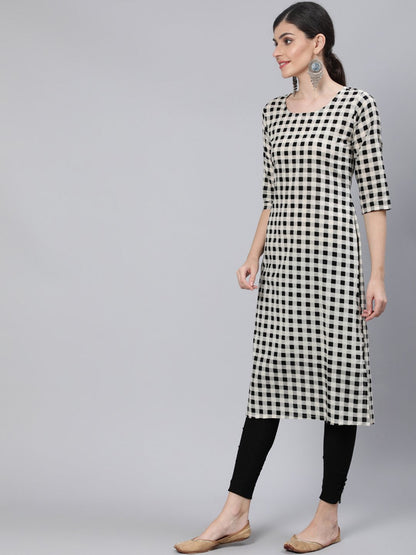 Women Black & White Checked  Straight Kurta With Three Quarter Sleeves | LASVINI - Redefining Indian Fashion with Elegance
