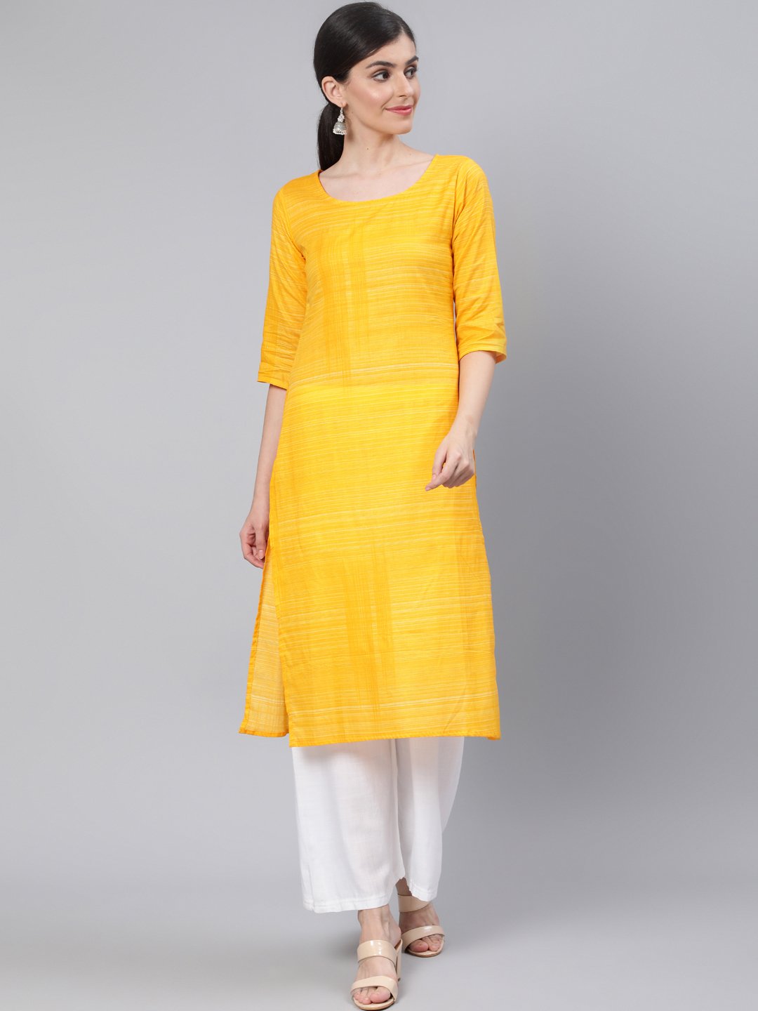 Women Yellow Straight Kurta With Three Quarter Sleeves | LASVINI - Redefining Indian Fashion with Elegance