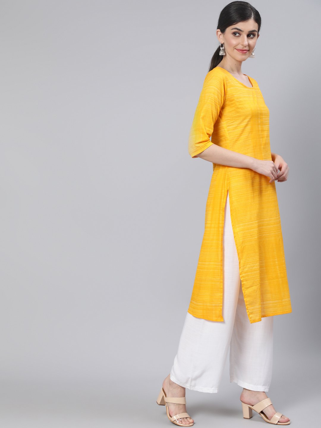 Women Yellow Straight Kurta With Three Quarter Sleeves | LASVINI - Redefining Indian Fashion with Elegance