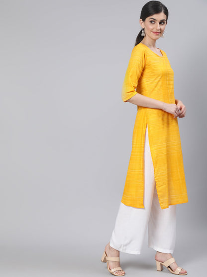 Women Yellow Straight Kurta With Three Quarter Sleeves | LASVINI - Redefining Indian Fashion with Elegance