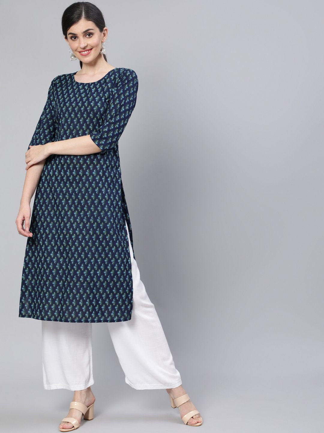 Women Navy Blue Straight Kurta With Three Quarter Sleeves | LASVINI - Redefining Indian Fashion with Elegance