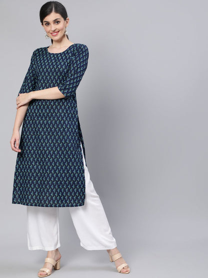 Women Navy Blue Straight Kurta With Three Quarter Sleeves | LASVINI - Redefining Indian Fashion with Elegance