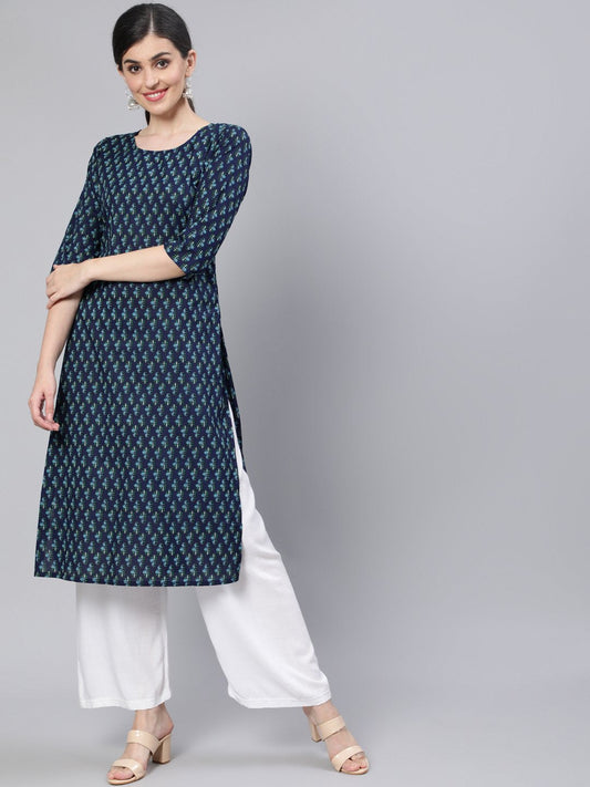 Women Navy Blue Straight Kurta With Three Quarter Sleeves | LASVINI - Redefining Indian Fashion with Elegance