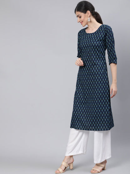 Women Navy Blue Straight Kurta With Three Quarter Sleeves | LASVINI - Redefining Indian Fashion with Elegance