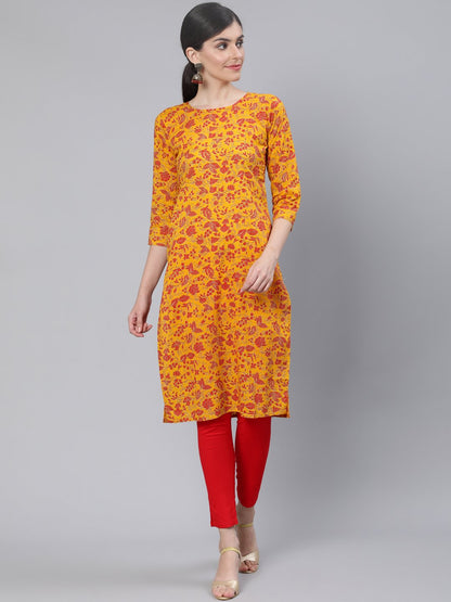 Women Mustard Floral Printed Straight Kurta With Three Quarter Sleeves | LASVINI - Redefining Indian Fashion with Elegance
