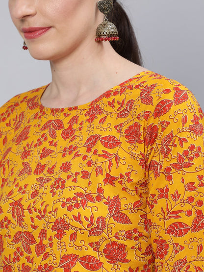 Women Mustard Floral Printed Straight Kurta With Three Quarter Sleeves | LASVINI - Redefining Indian Fashion with Elegance