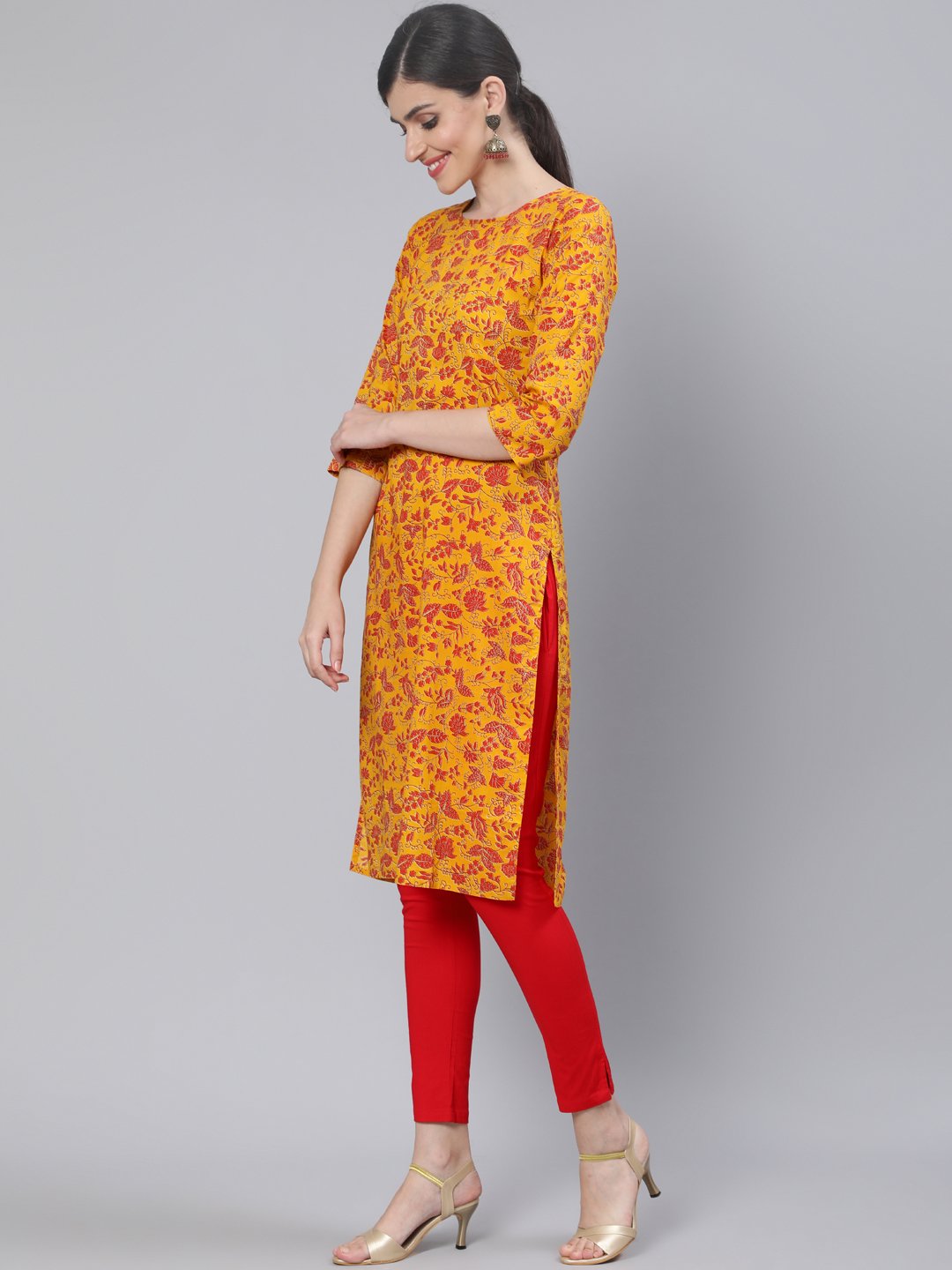 Women Mustard Floral Printed Straight Kurta With Three Quarter Sleeves | LASVINI - Redefining Indian Fashion with Elegance