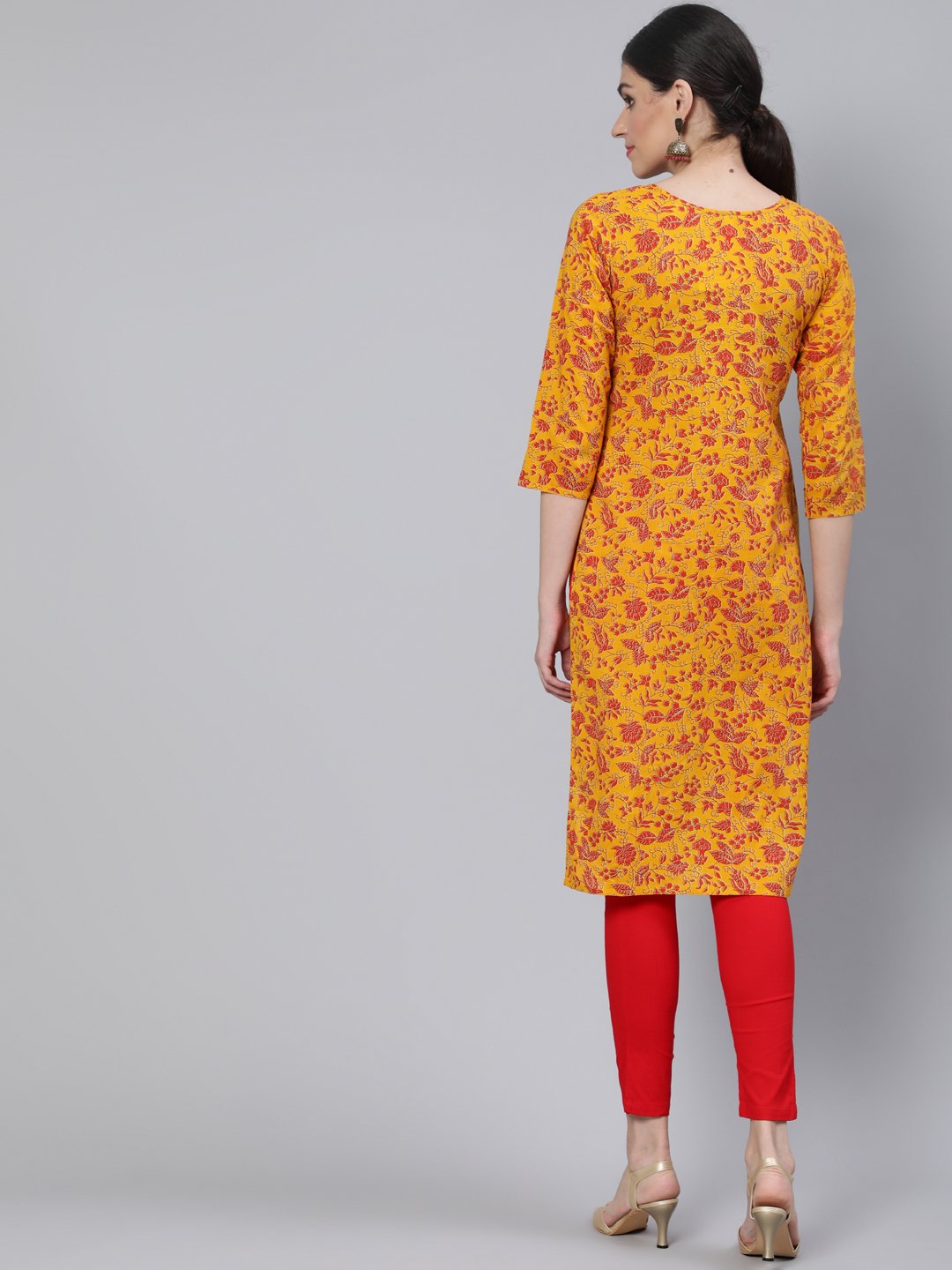 Women Mustard Floral Printed Straight Kurta With Three Quarter Sleeves | LASVINI - Redefining Indian Fashion with Elegance