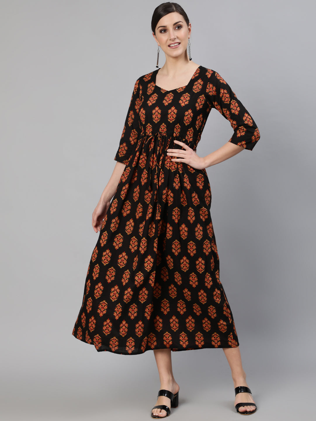Women Black Printed Dress With Three Quarter Sleeves | LASVINI - Redefining Indian Fashion with Elegance