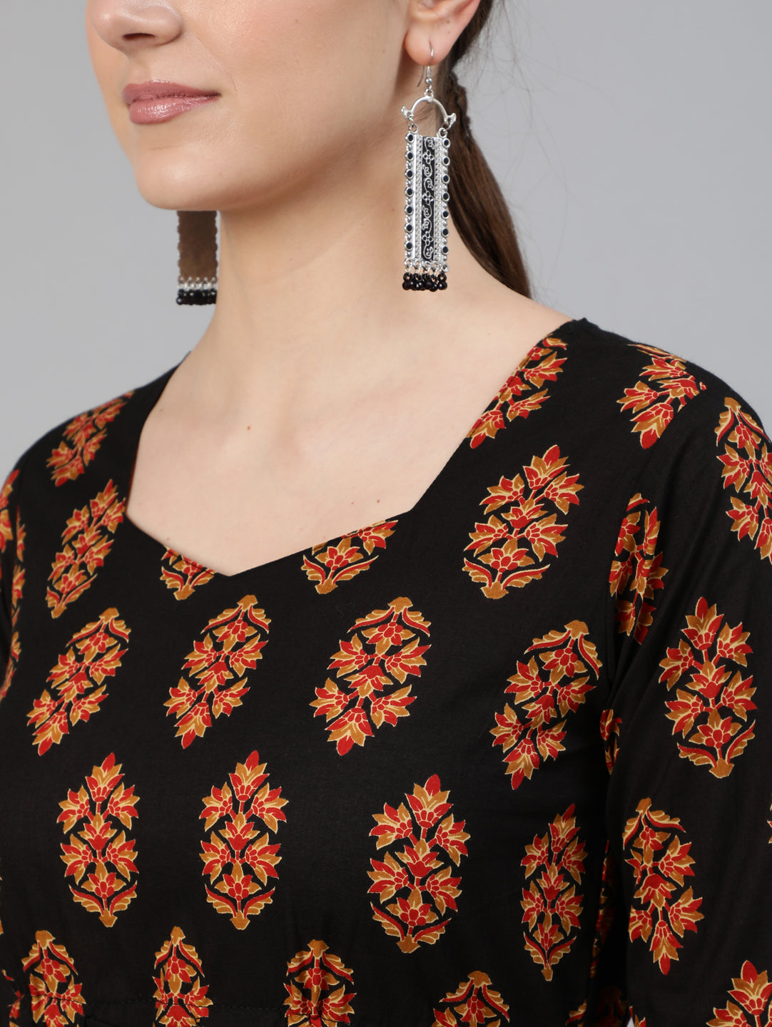 Women Black Printed Dress With Three Quarter Sleeves | LASVINI - Redefining Indian Fashion with Elegance