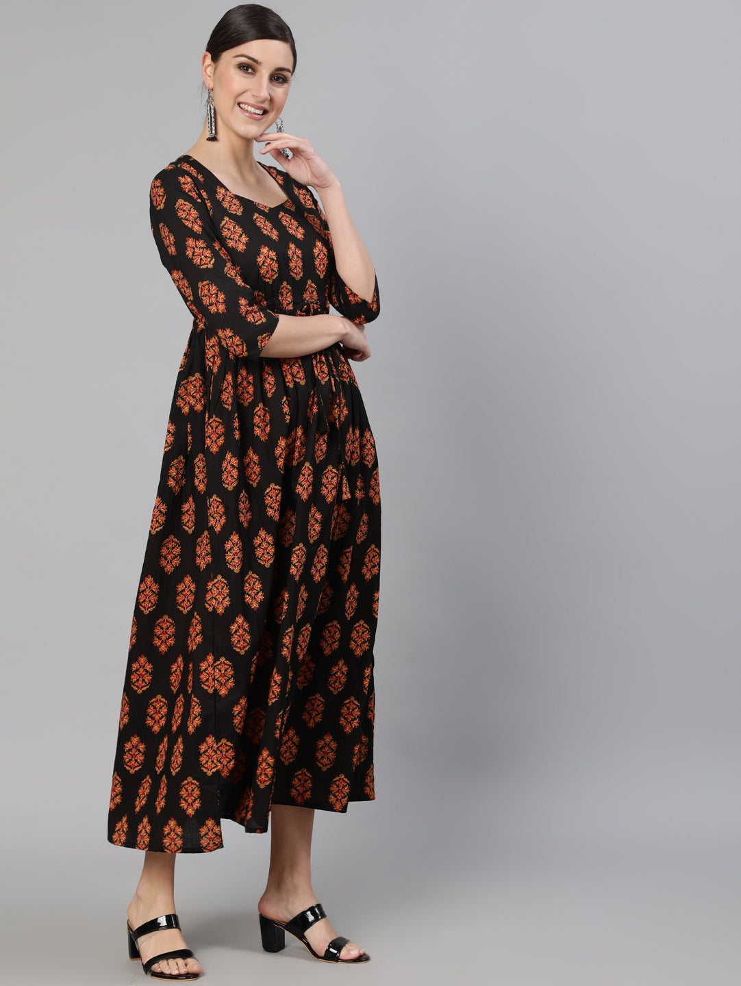 Women Black Printed Dress With Three Quarter Sleeves | LASVINI - Redefining Indian Fashion with Elegance