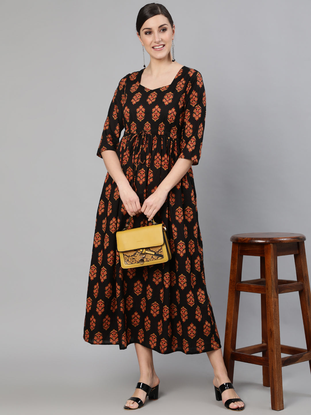 Women Black Printed Dress With Three Quarter Sleeves | LASVINI - Redefining Indian Fashion with Elegance
