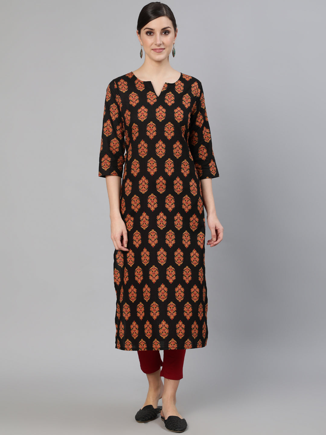 Women Black Ethnic Motif Printed Straight Kurta With Three Quarter Sleeves | LASVINI - Redefining Indian Fashion with Elegance