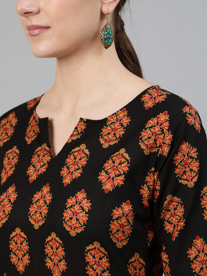 Women Black Ethnic Motif Printed Straight Kurta With Three Quarter Sleeves | LASVINI - Redefining Indian Fashion with Elegance