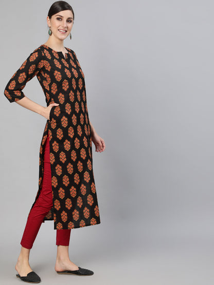 Women Black Ethnic Motif Printed Straight Kurta With Three Quarter Sleeves | LASVINI - Redefining Indian Fashion with Elegance
