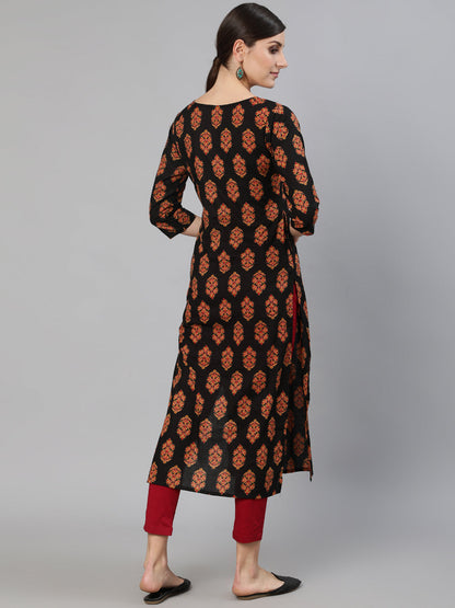 Women Black Ethnic Motif Printed Straight Kurta With Three Quarter Sleeves | LASVINI - Redefining Indian Fashion with Elegance