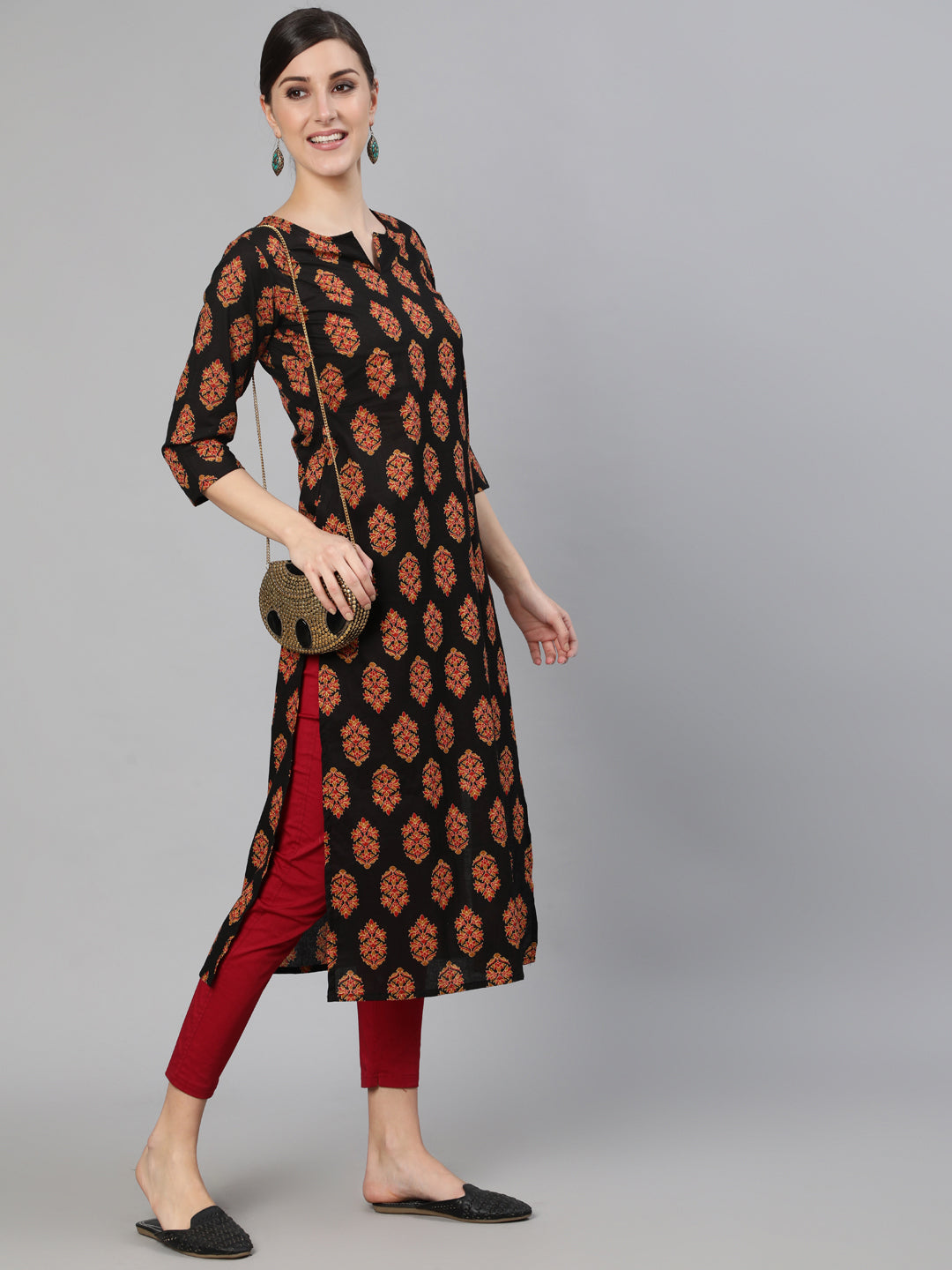 Women Black Ethnic Motif Printed Straight Kurta With Three Quarter Sleeves | LASVINI - Redefining Indian Fashion with Elegance