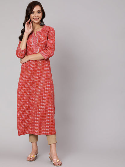 Women Rust Ethnic Printed Straight Kurta With Three Quarter Sleeves | LASVINI - Redefining Indian Fashion with Elegance