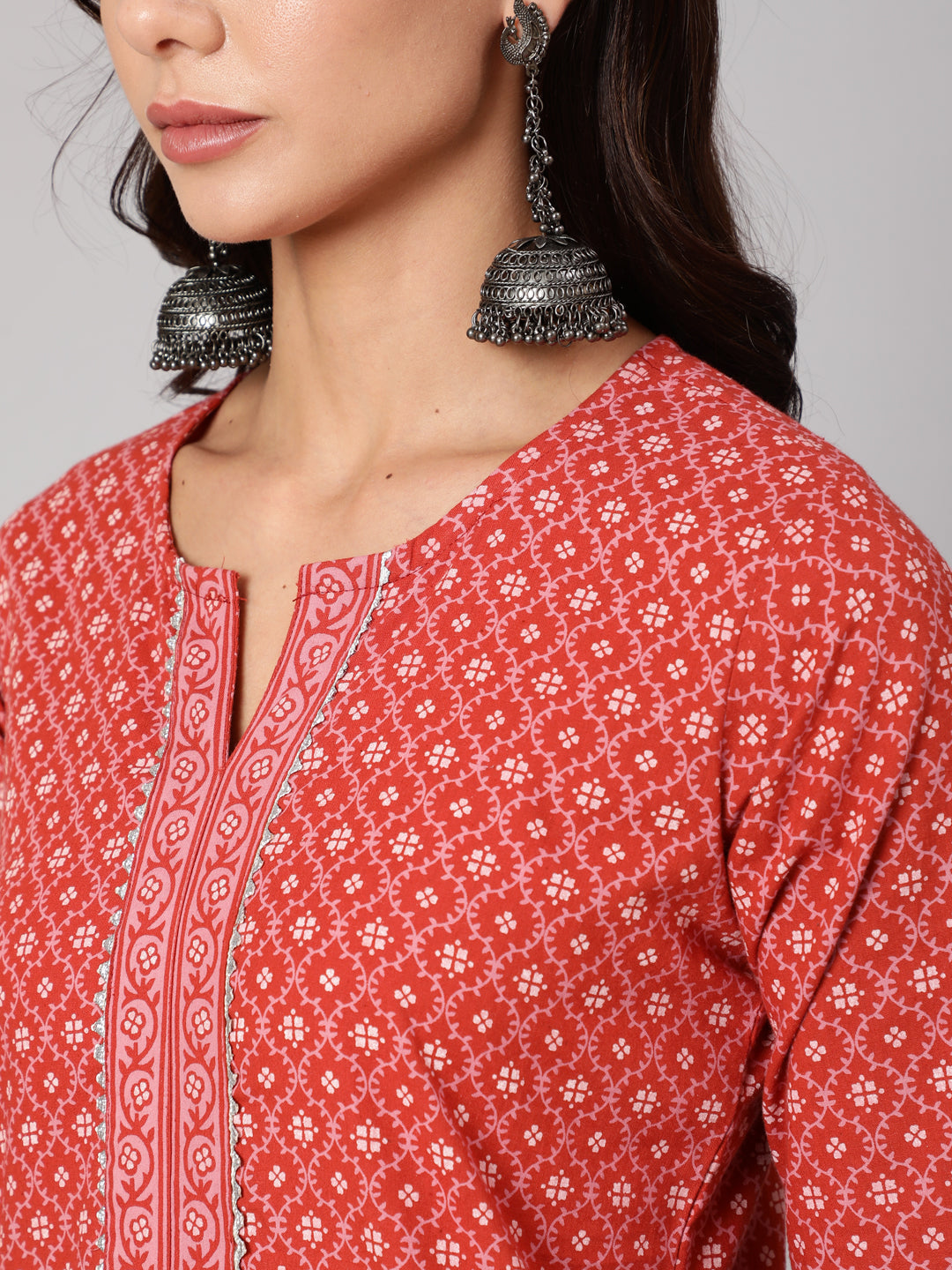 Women Rust Ethnic Printed Straight Kurta With Three Quarter Sleeves | LASVINI - Redefining Indian Fashion with Elegance
