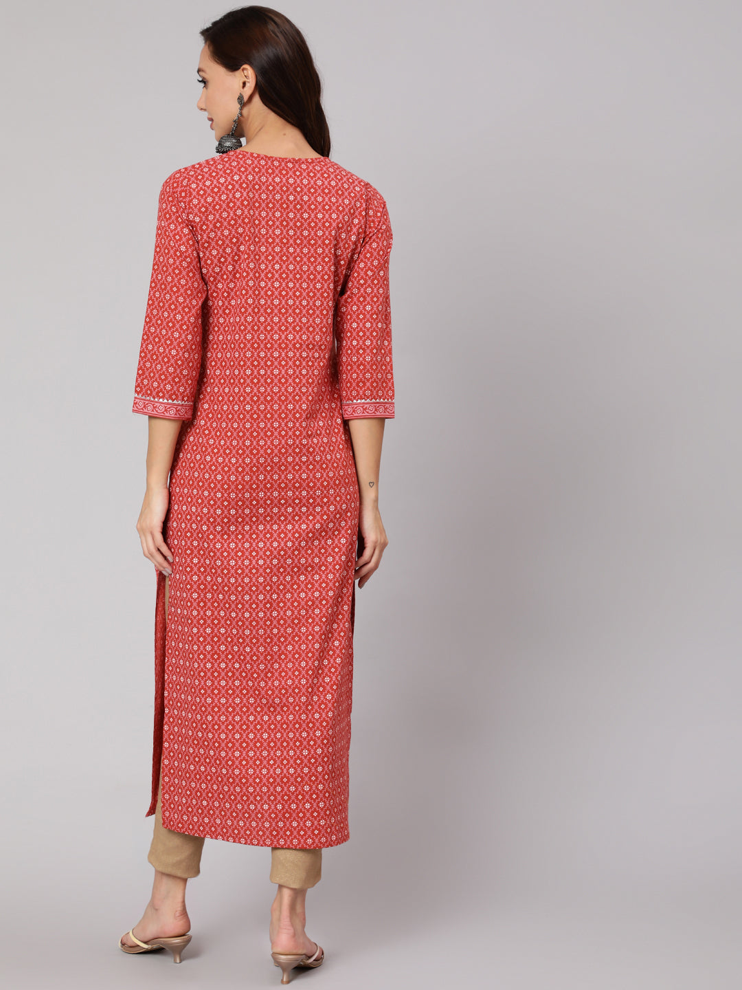 Women Rust Ethnic Printed Straight Kurta With Three Quarter Sleeves | LASVINI - Redefining Indian Fashion with Elegance