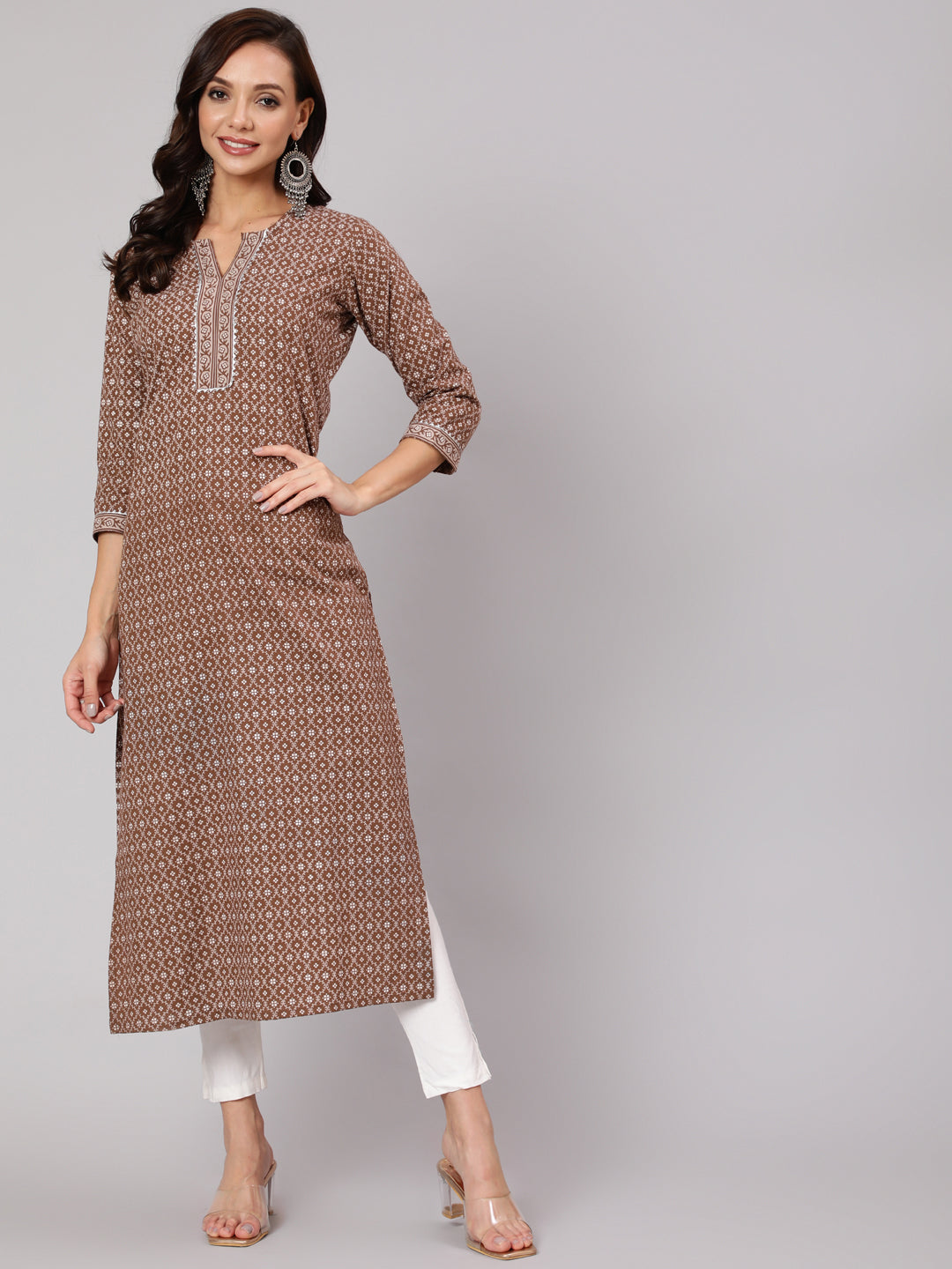 Women Brown Printed Straight Kurta With Three Quarter Sleeves | LASVINI - Redefining Indian Fashion with Elegance
