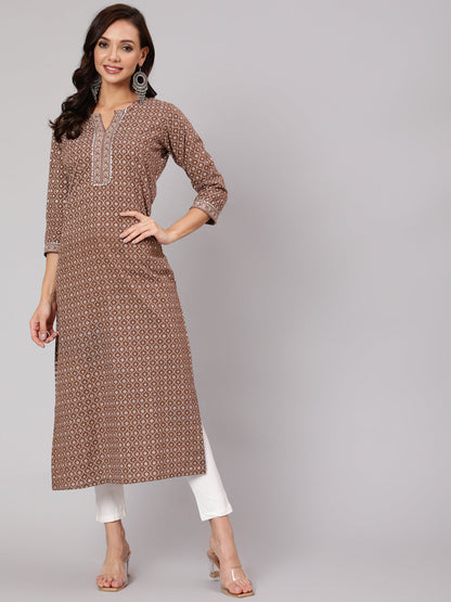 Women Brown Printed Straight Kurta With Three Quarter Sleeves | LASVINI - Redefining Indian Fashion with Elegance