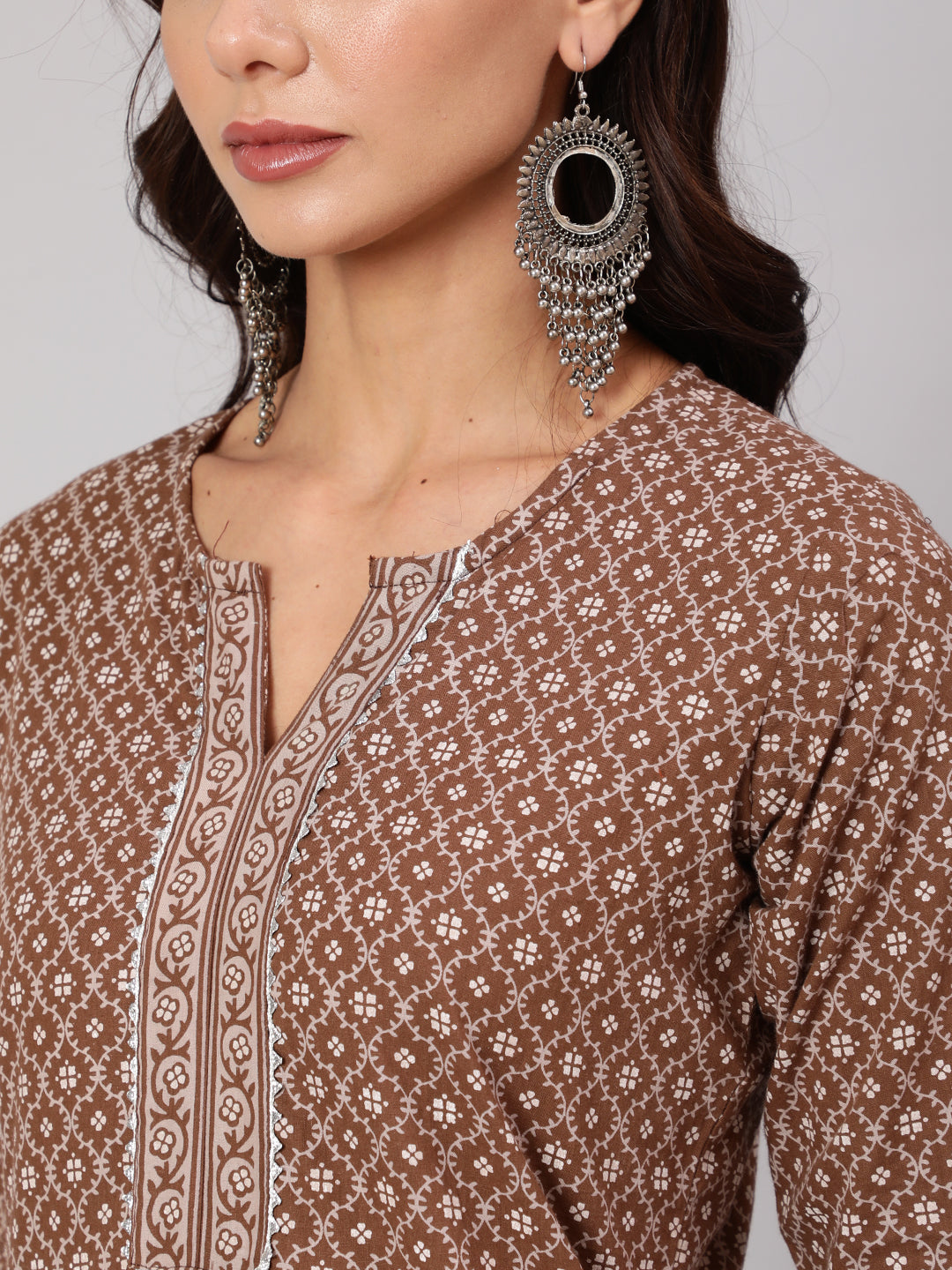 Women Brown Printed Straight Kurta With Three Quarter Sleeves | LASVINI - Redefining Indian Fashion with Elegance