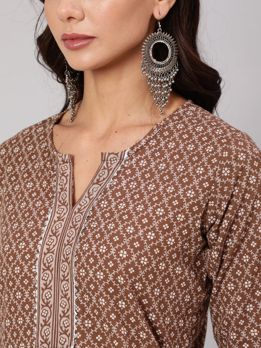 Women Brown Printed Straight Kurta With Three Quarter Sleeves | LASVINI - Redefining Indian Fashion with Elegance