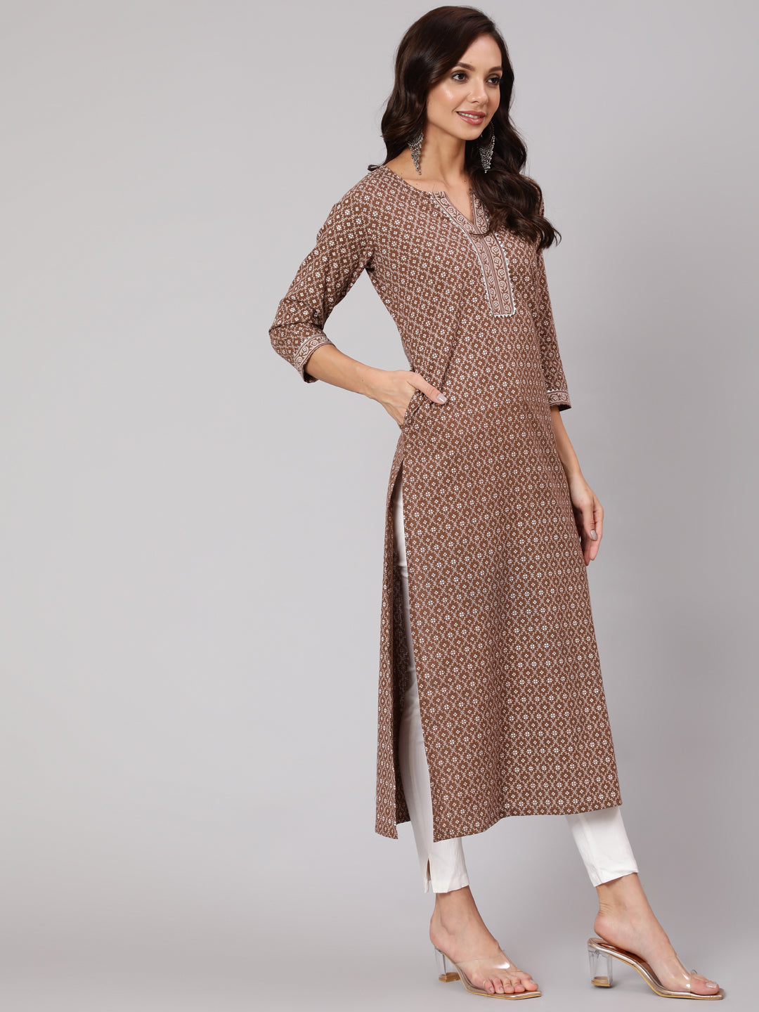 Women Brown Printed Straight Kurta With Three Quarter Sleeves | LASVINI - Redefining Indian Fashion with Elegance