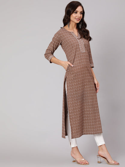 Women Brown Printed Straight Kurta With Three Quarter Sleeves | LASVINI - Redefining Indian Fashion with Elegance