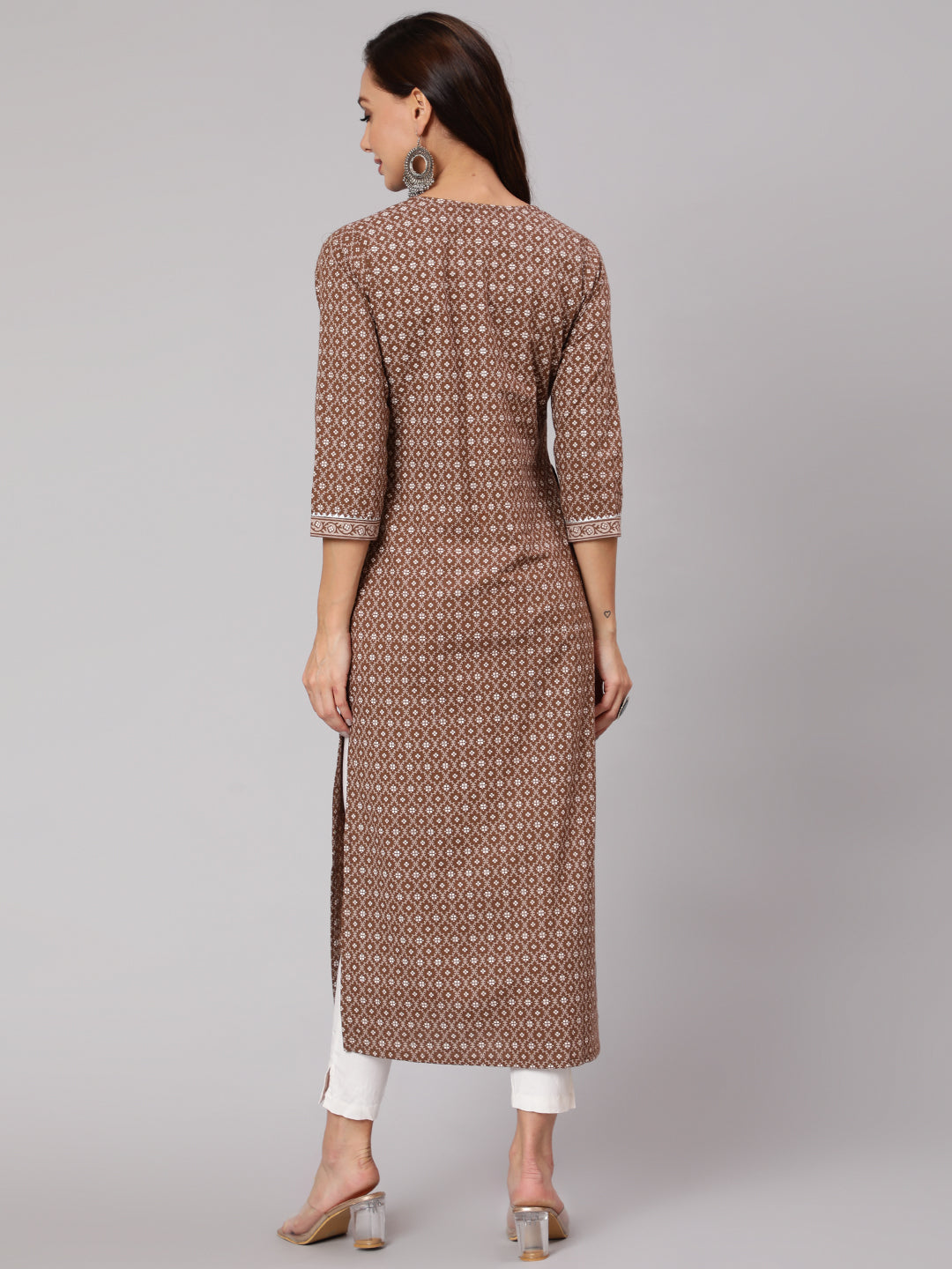 Women Brown Printed Straight Kurta With Three Quarter Sleeves | LASVINI - Redefining Indian Fashion with Elegance