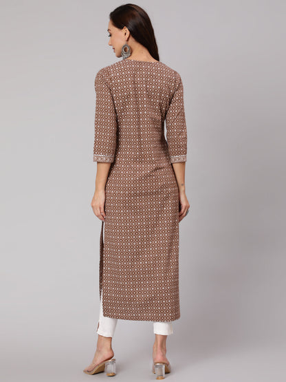 Women Brown Printed Straight Kurta With Three Quarter Sleeves | LASVINI - Redefining Indian Fashion with Elegance
